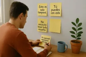 Persona aplicando recordatorios diarios para fortalecer la felicidad y la confianza en su vida cotidiana.