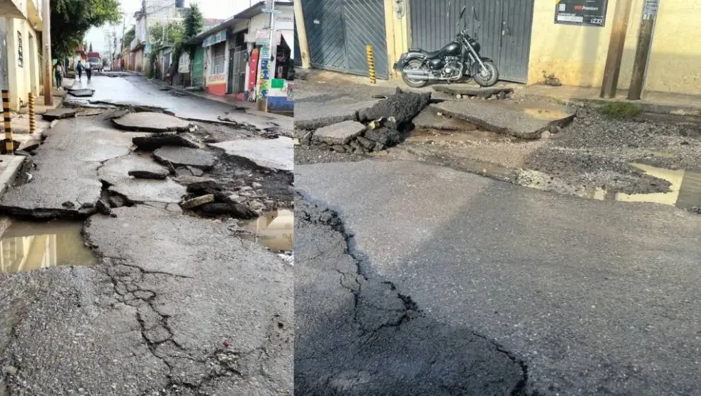 Calle San Fernando en Santa Martha Cuernavaca con pavimento de cartón y baches tras lluvias