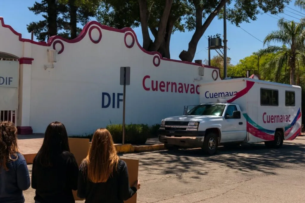 Tres mujeres de espaldas sostienen carteles sin texto frente a la fachada del DIF Cuernavaca, donde se observa el edificio blanco con detalles magenta y una unidad móvil estacionada. La escena ocurre en una calle arbolada bajo luz natural.