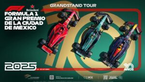 Vista panorámica del Gran Premio de México en el Autódromo Hermanos Rodríguez con gradas llenas y autos de Fórmula 1 en acción.