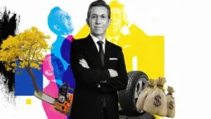 Collage editorial con Demetrio Chavira en primer plano, siluetas en colores magenta, cian y amarillo, un árbol siendo talado, una llanta cayendo en un bache y bolsas de dinero, representando la transformación urbana y los conflictos por uso de suelo en Cuernavaca.