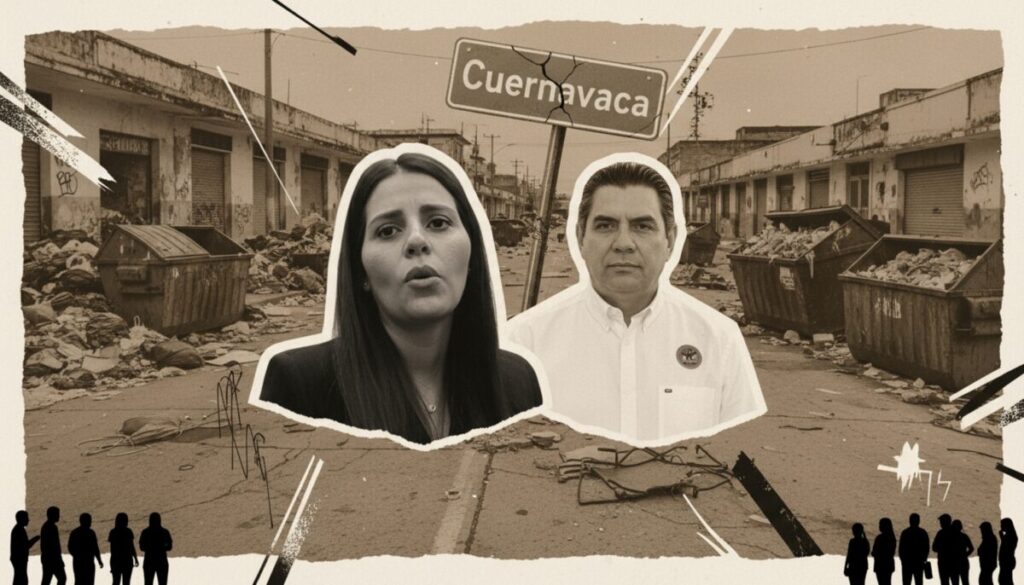 Ilustración política mostrando a Paula Trade y Daniel Miranda frente a calles llenas de basura y contenedores desbordados en Cuernavaca, simbolizando abandono urbano, conflicto por el manejo de residuos y cuestionamientos sobre decisiones del Cabildo
