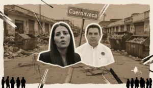 Ilustración política mostrando a Paula Trade y Daniel Miranda frente a calles llenas de basura y contenedores desbordados en Cuernavaca, simbolizando abandono urbano, conflicto por el manejo de residuos y cuestionamientos sobre decisiones del Cabildo