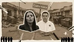Ilustración política mostrando a Paula Trade y Daniel Miranda frente a calles llenas de basura y contenedores desbordados en Cuernavaca, simbolizando abandono urbano, conflicto por el manejo de residuos y cuestionamientos sobre decisiones del Cabildo