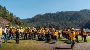 Brigadistas trabajando en Lagunas de Zempoala para prevenir incendios y proteger el Bosque de Agua