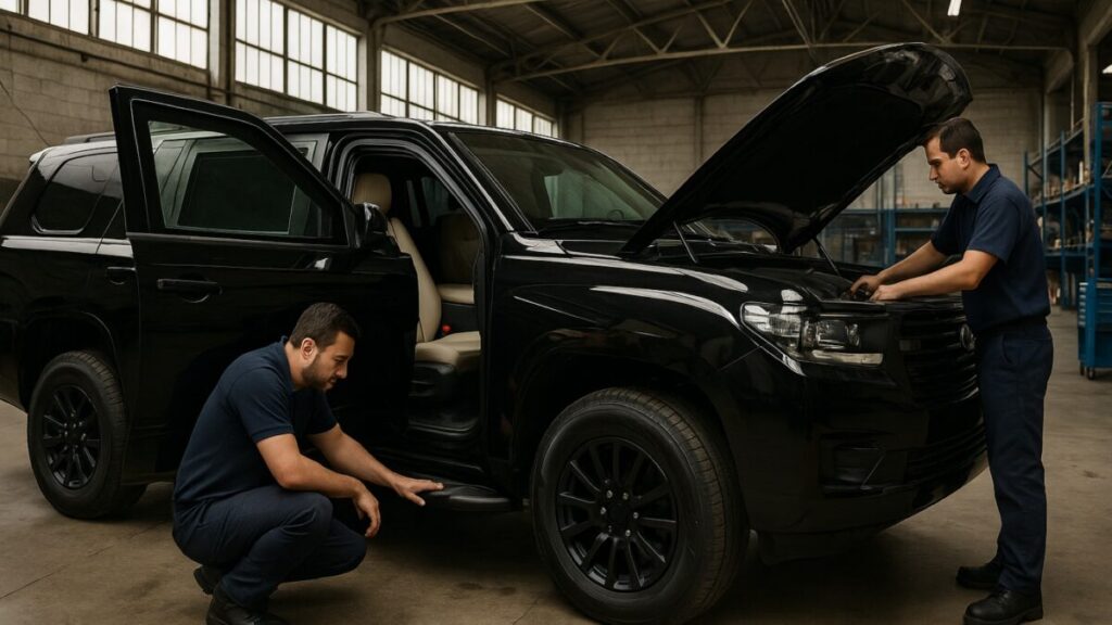 Técnicos de Shel-Ha Soluciones revisan vidrios y componentes de un vehículo blindado como parte del mantenimiento preventivo.