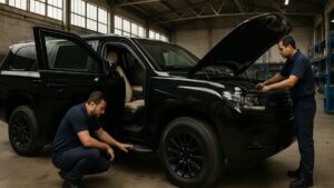 Técnicos de Shel-Ha Soluciones revisan vidrios y componentes de un vehículo blindado como parte del mantenimiento preventivo.