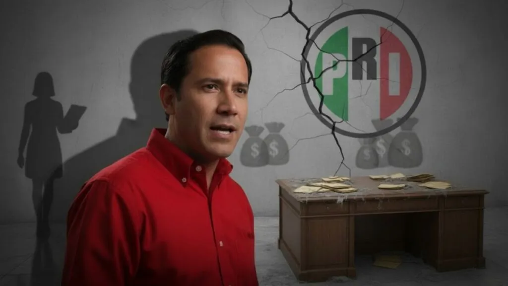 Retrato de Eliasib Polanco Saldívar al frente, con camisa roja, rodeado de símbolos de corrupción: sombras de bolsas de dinero, figura femenina silenciada con expediente en mano, escritorio polvoriento con documentos olvidados, y el logotipo del PRI cuarteado en una pared gris agrietada. La imagen refleja las críticas por nepotismo, omisiones legislativas y oportunismo político que rodean su trayectoria como líder del PRI en Morelos.