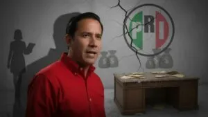 Retrato de Eliasib Polanco Saldívar al frente, con camisa roja, rodeado de símbolos de corrupción: sombras de bolsas de dinero, figura femenina silenciada con expediente en mano, escritorio polvoriento con documentos olvidados, y el logotipo del PRI cuarteado en una pared gris agrietada. La imagen refleja las críticas por nepotismo, omisiones legislativas y oportunismo político que rodean su trayectoria como líder del PRI en Morelos.