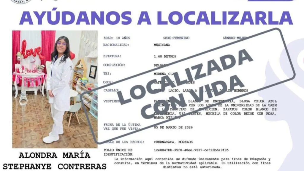 Caso de Alondra Contreras, estudiante de la UAEM localizada con vida tras ser reportada desaparecida en Cuernavaca Morelos.