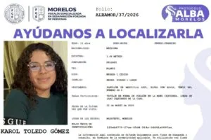 Ficha de búsqueda de Karol Toledo Gómez, estudiante de la UAEM desaparecida en Mazatepec Morelos el 2 de marzo y buscada por autoridades estatales.