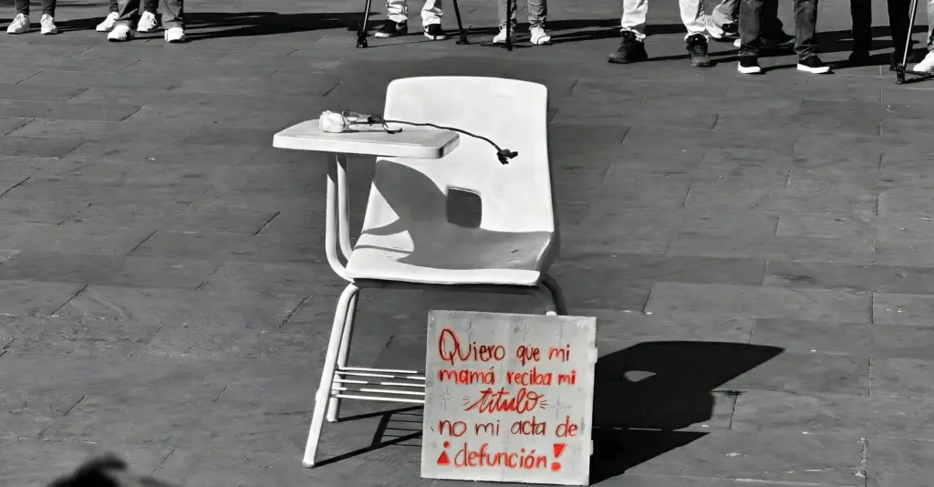 Banca escolar vacía con una rosa blanca y un cartel que dice “Quiero que mi mamá reciba mi título, no mi acta de defunción”, colocada durante una protesta por la violencia contra las mujeres tras el asesinato de la estudiante Kimberly Ramos en Morelos.