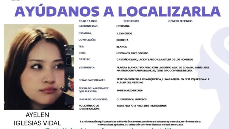 Ficha de búsqueda de Ayelen Iglesias Vidal estudiante del Cobaem desaparecida en Cuernavaca Morelos difundida por autoridades