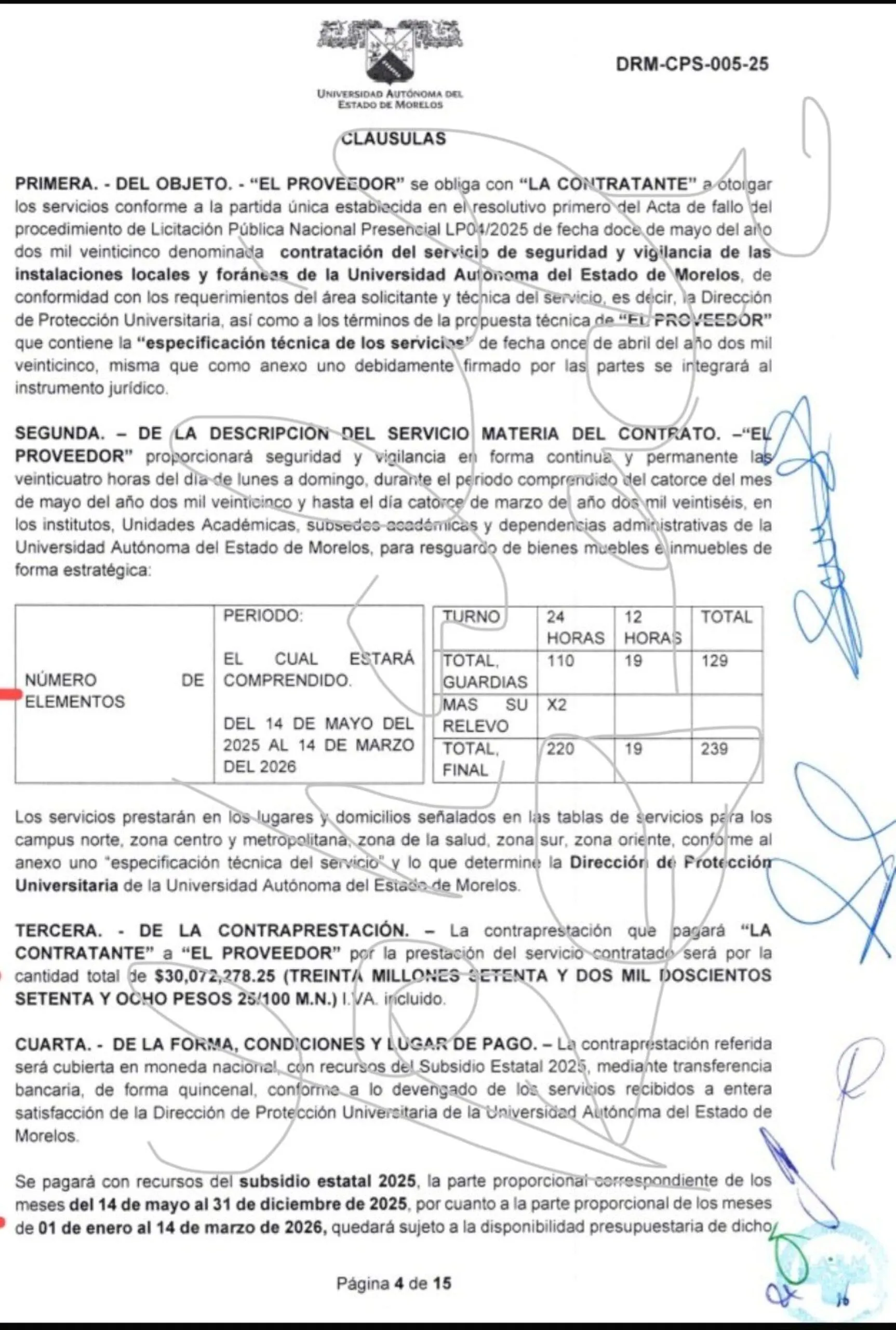 Fragmento del contrato DRM-CPS-005-25 de la Universidad Autónoma del Estado de Morelos que establece el servicio de seguridad por más de 30 millones de pesos.