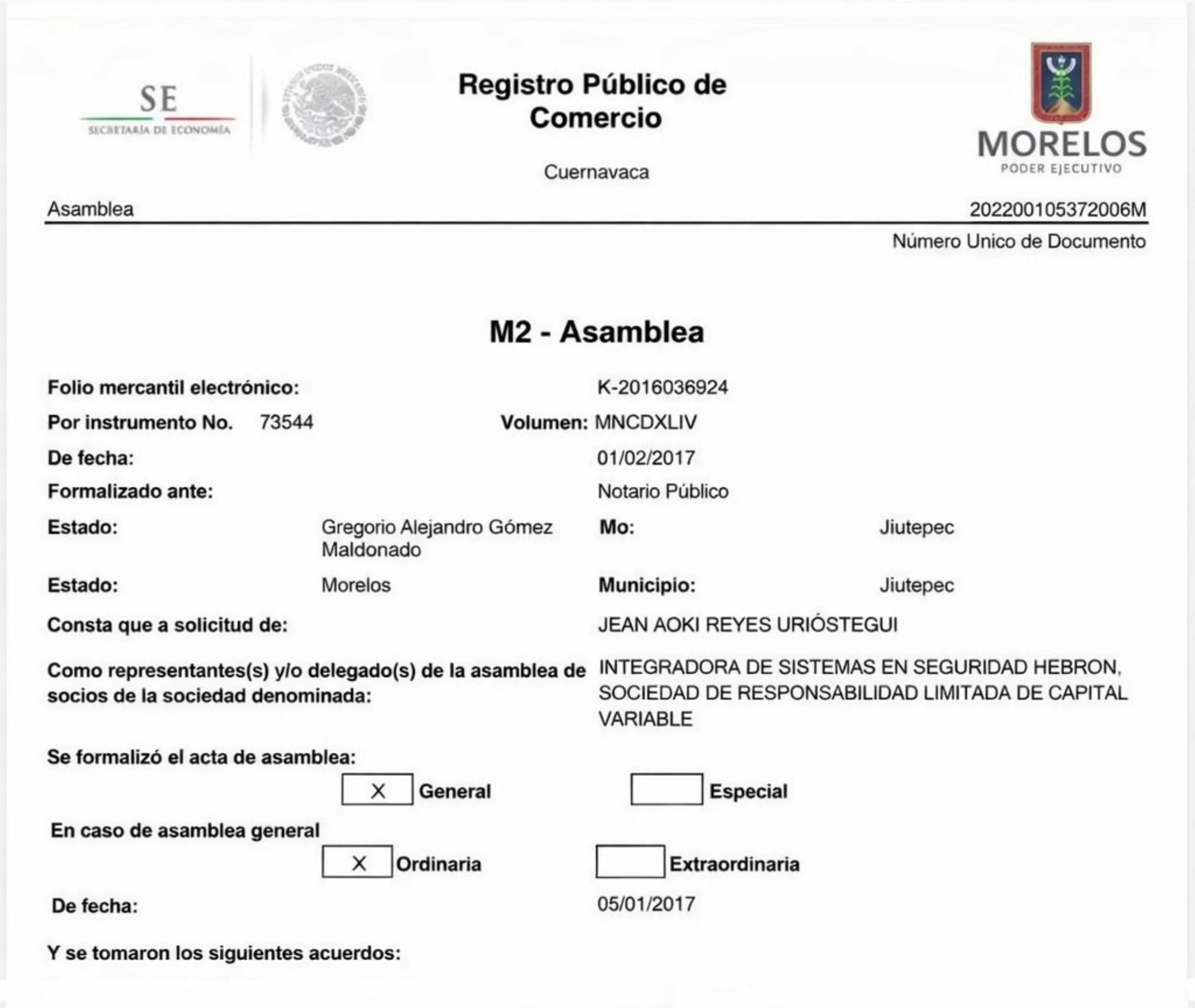 Documento del Registro Público de Comercio que muestra la constitución de Integradora de Sistemas en Seguridad Hebron y la participación de Jean Aoki Reyes Urióstegui como socio mayoritario.