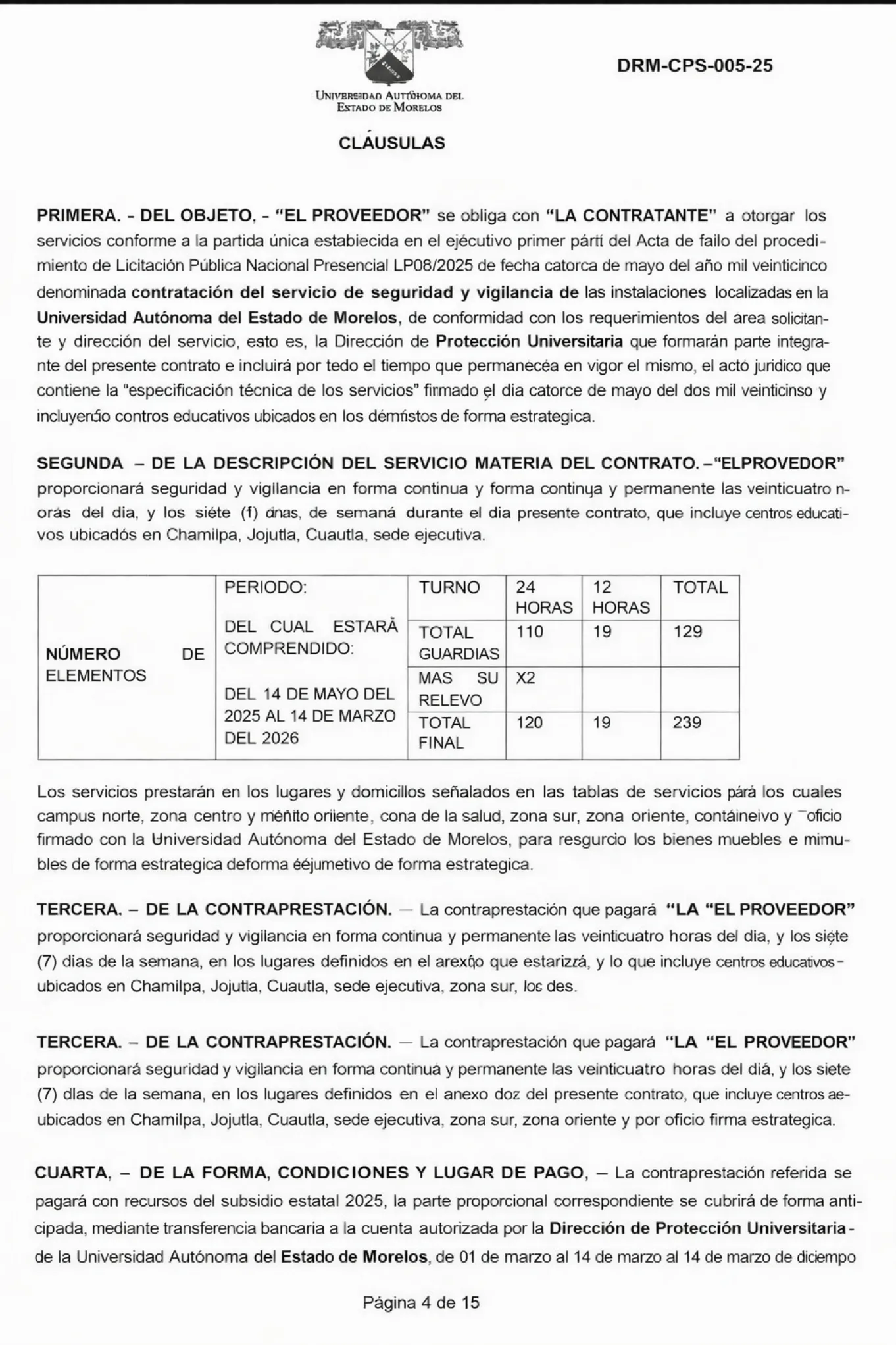 Fragmento del contrato DRM-CPS-005-25 de la Universidad Autónoma del Estado de Morelos que establece el servicio de seguridad por más de 30 millones de pesos.
