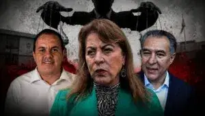 Imagen de los últimos gobernadores de Morelos con representación simbólica del control político y poder detrás del gobierno estatal