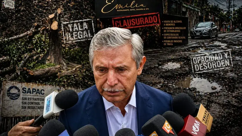 Escenario de Cuernavaca con obras deterioradas, tala de árboles y representación de opacidad en el gobierno municipal