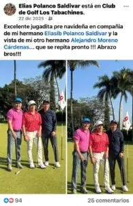 Captura de una publicación de Facebook de Elías Polanco Saldívar en el Club de Golf Los Tabachines, donde posa junto a Eliasib Polanco Saldívar y Alejandro Moreno Cárdenas durante una reunión social en el campo de golf.
