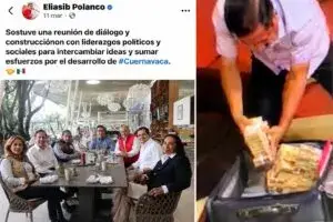 Composición que une una publicación de Facebook de Eliasib Polanco con una fotografía borrosa de un hombre acomodando fajos de billetes dentro de una maleta.