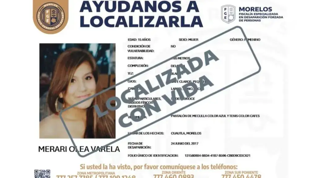 Joven desaparecida localizada con vida después de casi nueve años de búsqueda en Morelos