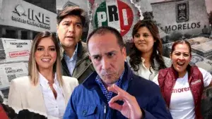 Andrea Gordillo, Jonathan Márquez, Eliasib Polanco, Paula Trade y Lucy Meza aparecen en una composición editorial sobre el PRI Morelos, su dirigencia, fiscalización y escenario político rumbo a 2027.