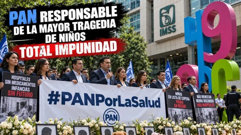Imagen editorial generada de una protesta del PAN ante el IMSS, con banderas, pancartas hospitalarias y veladoras en un memorial infantil.