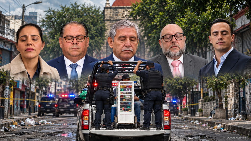 Fotomontaje editorial de Paula Trade Hidalgo, Óscar Cano Mondragón, José Luis Urióstegui, Enrique Iragorri Durán y Daniel Martínez Terrazas con los ojos cerrados, detrás de una patrulla con un vendedor y un exhibidor de gelatinas.