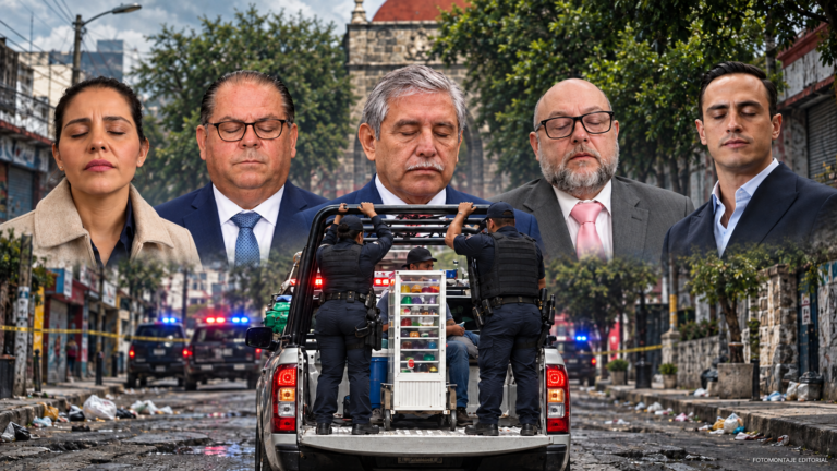 Fotomontaje editorial de Paula Trade Hidalgo, Óscar Cano Mondragón, José Luis Urióstegui, Enrique Iragorri Durán y Daniel Martínez Terrazas con los ojos cerrados, detrás de una patrulla con un vendedor y un exhibidor de gelatinas.