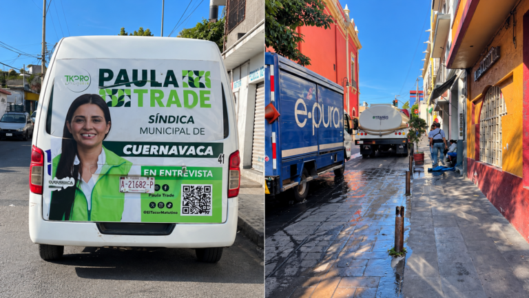 Composición de un minibús con publicidad de Paula Trade Hidalgo y una calle de Cuernavaca con una pipa y un camión repartidor.